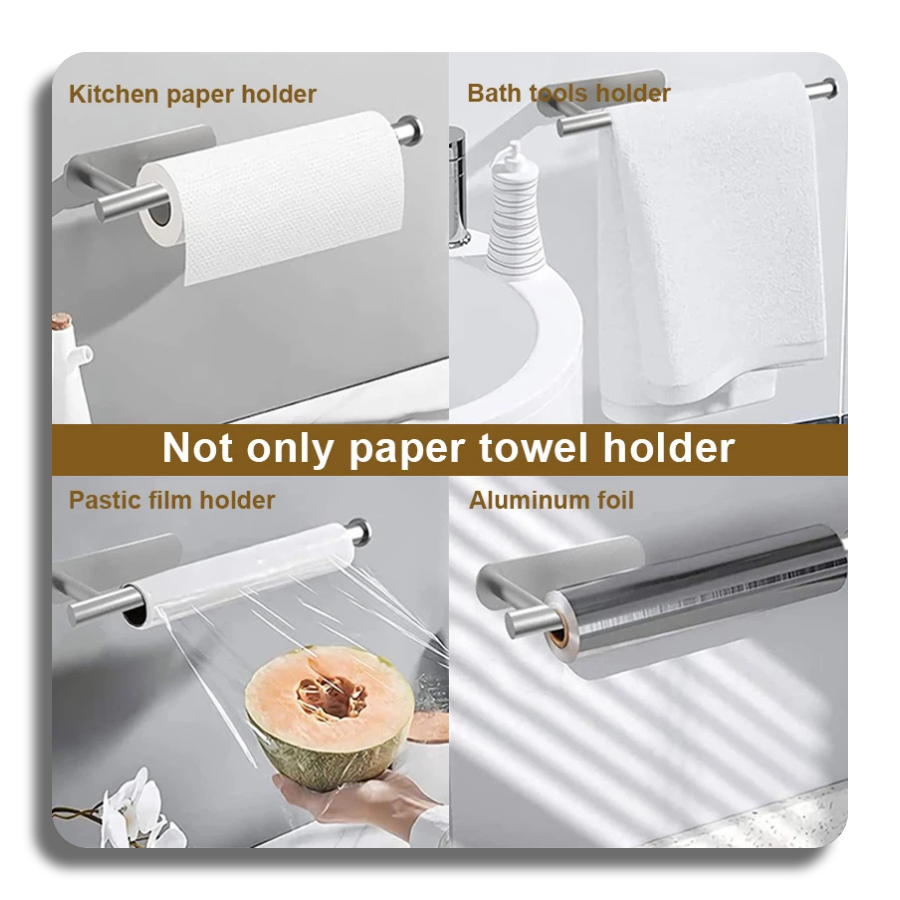 Stainless Steel Paper Towel Holder Hanging Roll Paper Rack Toilet Paper Holder Plastic Film Storage Rack Wall-Mounted Towel Bar