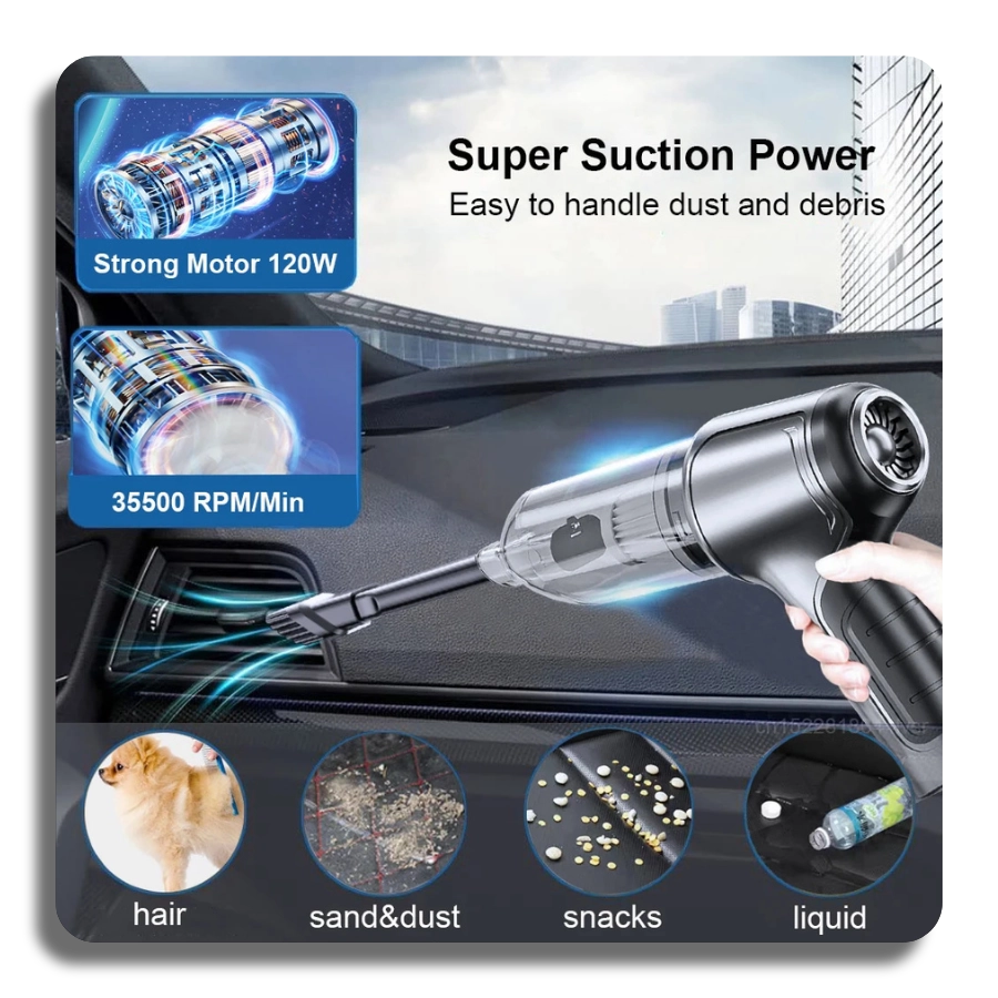 Handheld vacuum cleaner with 120W strong motor and 35,500 RPM/Min suction power, effective for removing pet hair, sand, snacks, and liquid spills.