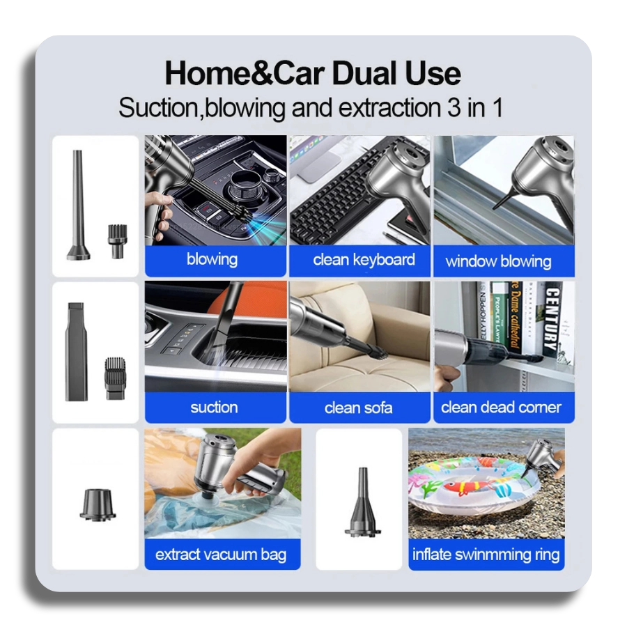 Versatile 3-in-1 device showing suction for car cleaning, blowing for keyboards, and air extraction for vacuum bags and pool floats.