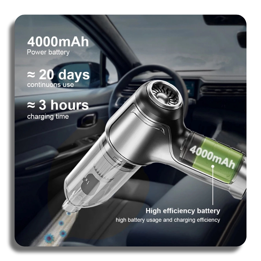 Handheld vacuum featuring a 4000mAh high-efficiency power battery, offering up to 20 days of standby use and a quick 3-hour charging time.