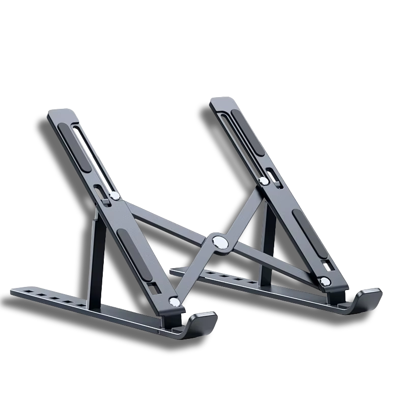 N3 gray foldable laptop riser made of lightweight aluminum, ideal for portable office work and MacBook cooling.
