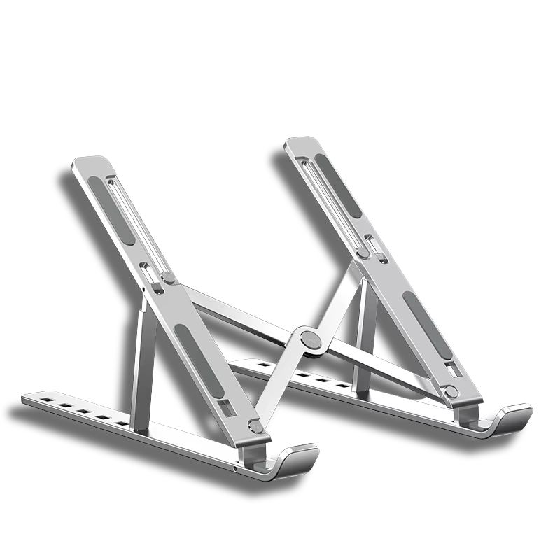 N3 sleek silver foldable laptop holder with a minimalist aluminum frame for secure device support and airflow.
