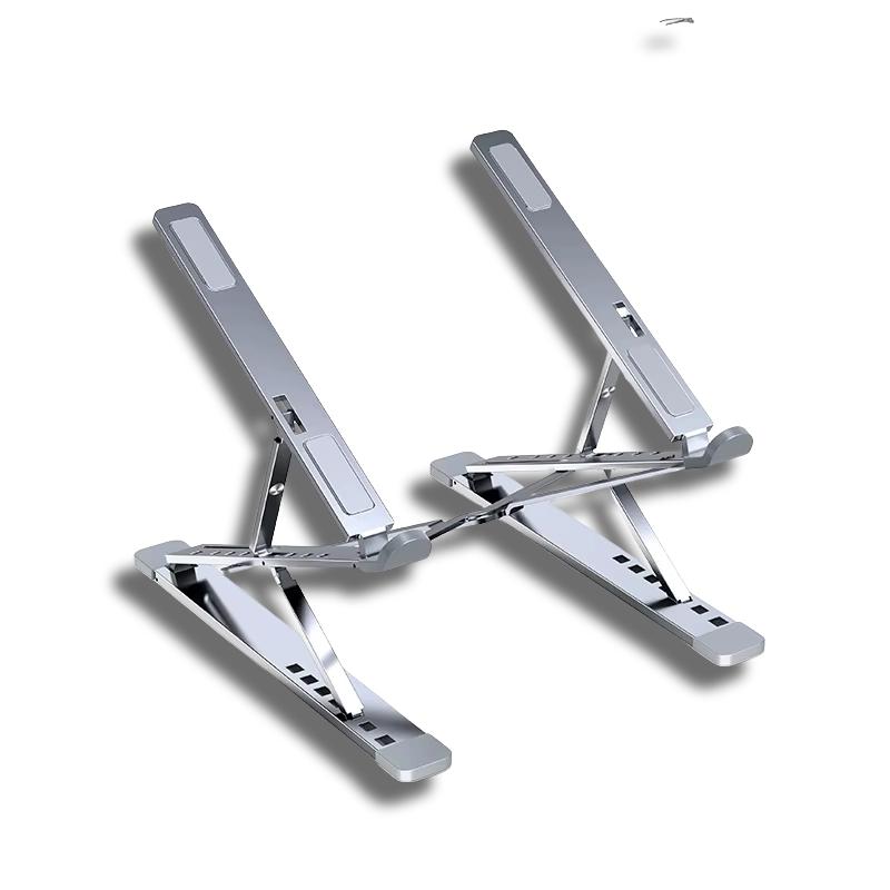 N8 premium silver aluminum laptop stand featuring a double-height support structure for professional desk ergonomics.