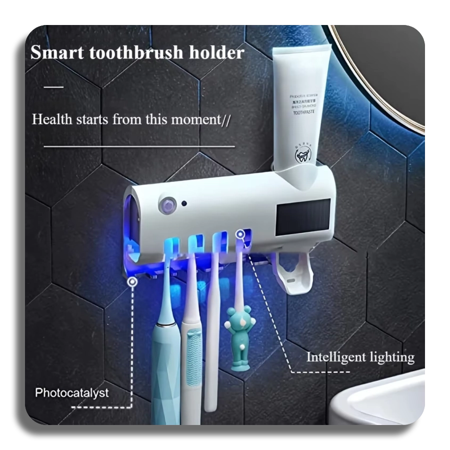 ✔️UV Sanitizer✔️ Self-adhesive Wall Mounted Toothpaste Dispenser with 4 Toothbrush Slots