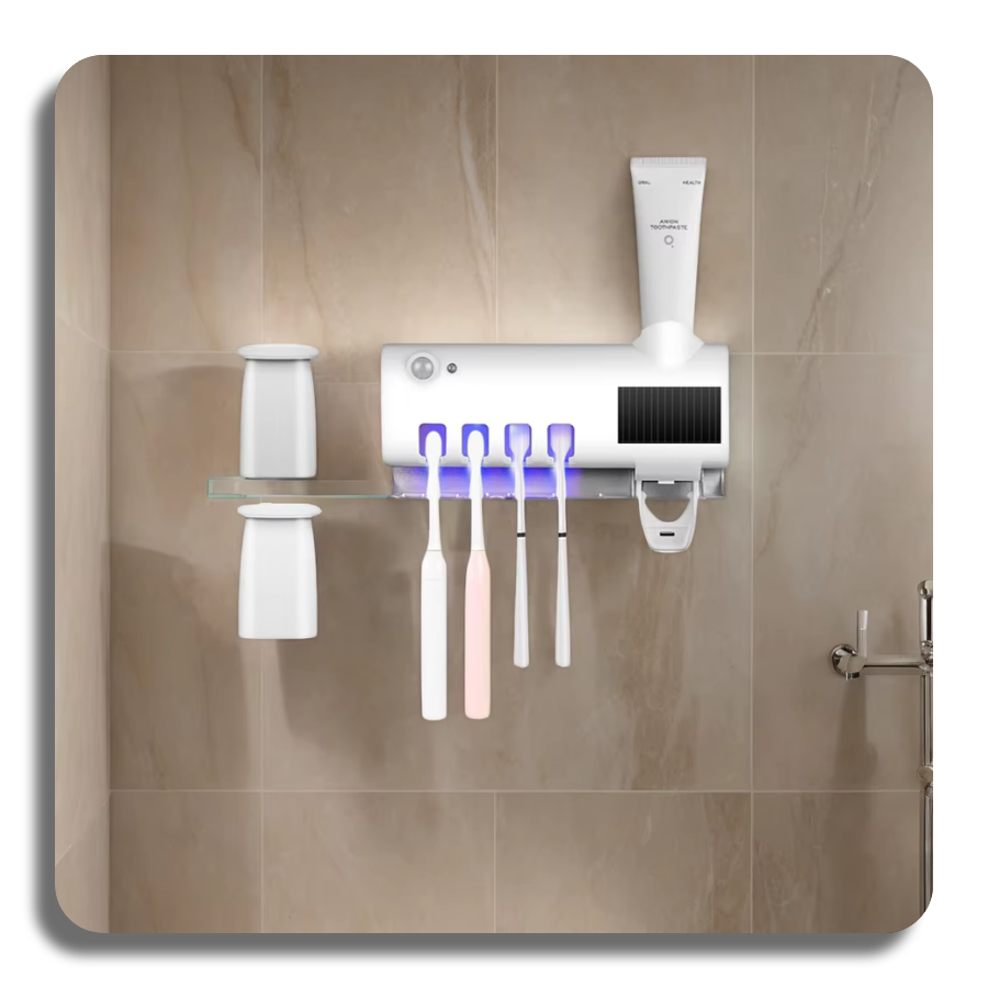 ✔️UV Sanitizer✔️ Self-adhesive Wall Mounted Toothpaste Dispenser with 4 Toothbrush Slots