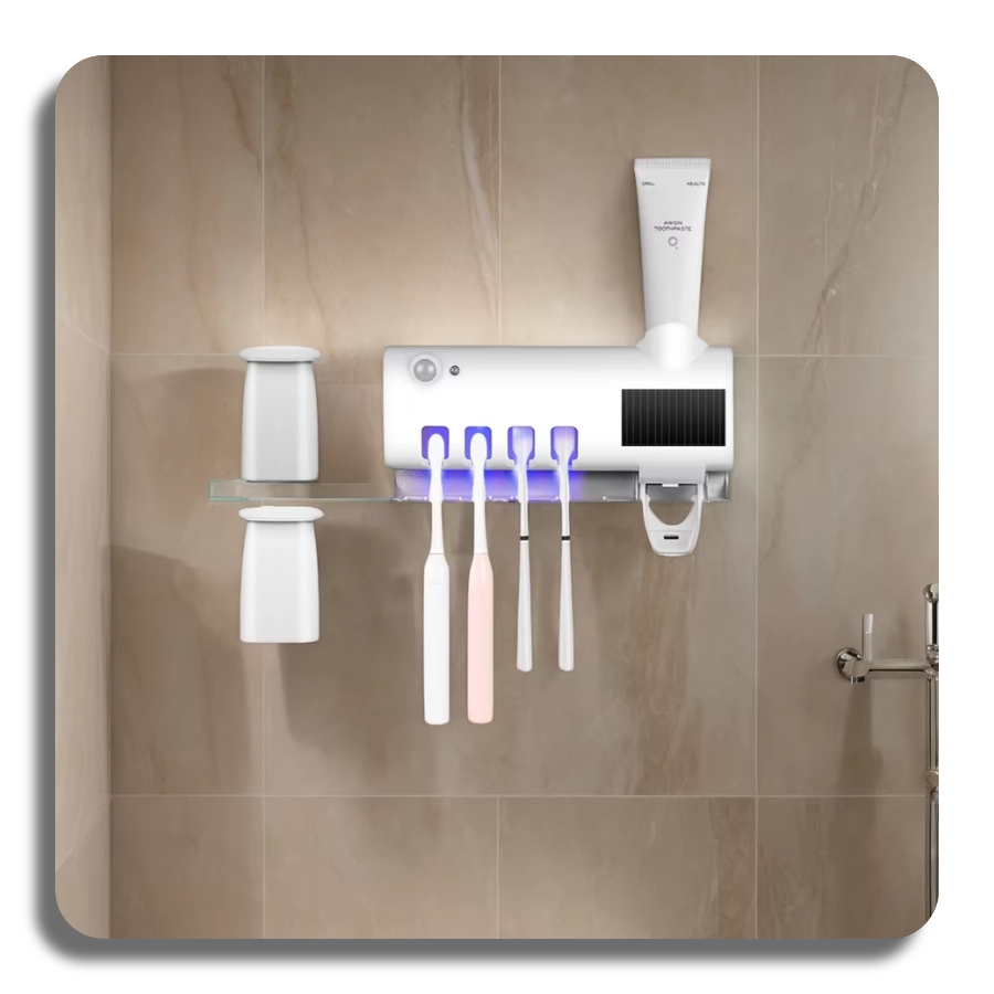 ✔️UV Sanitizer✔️ Self-adhesive Wall Mounted Toothpaste Dispenser with 4 Toothbrush Slots