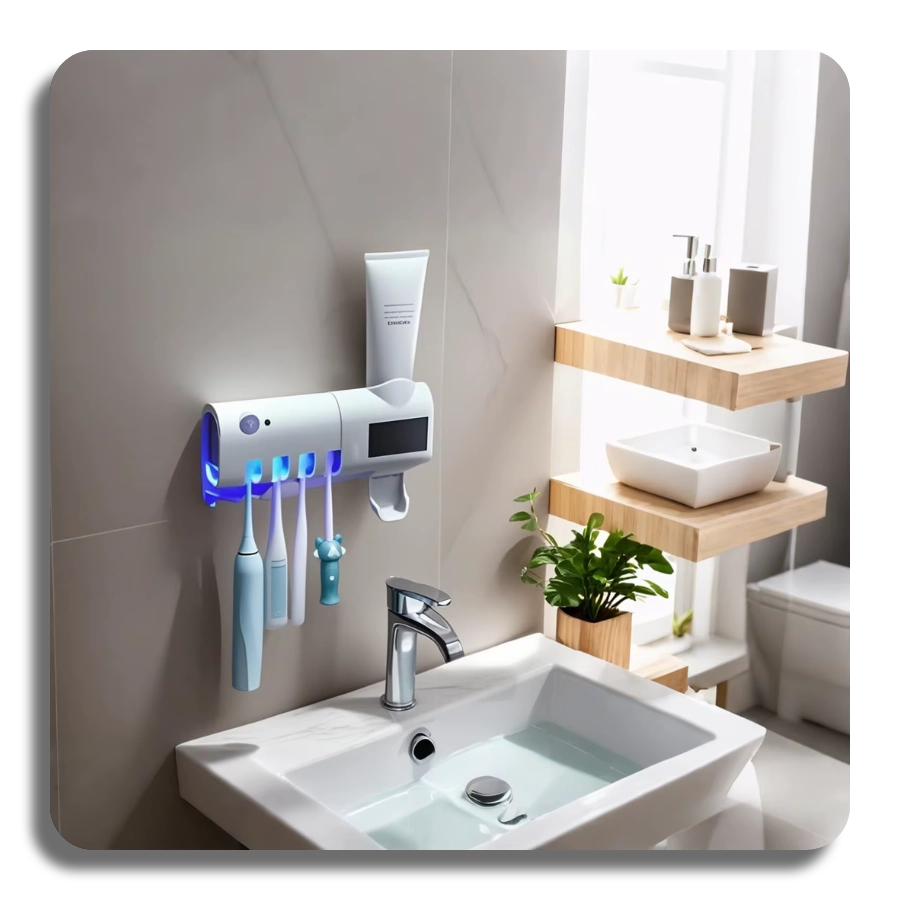 ✔️UV Sanitizer✔️ Self-adhesive Wall Mounted Toothpaste Dispenser with 4 Toothbrush Slots