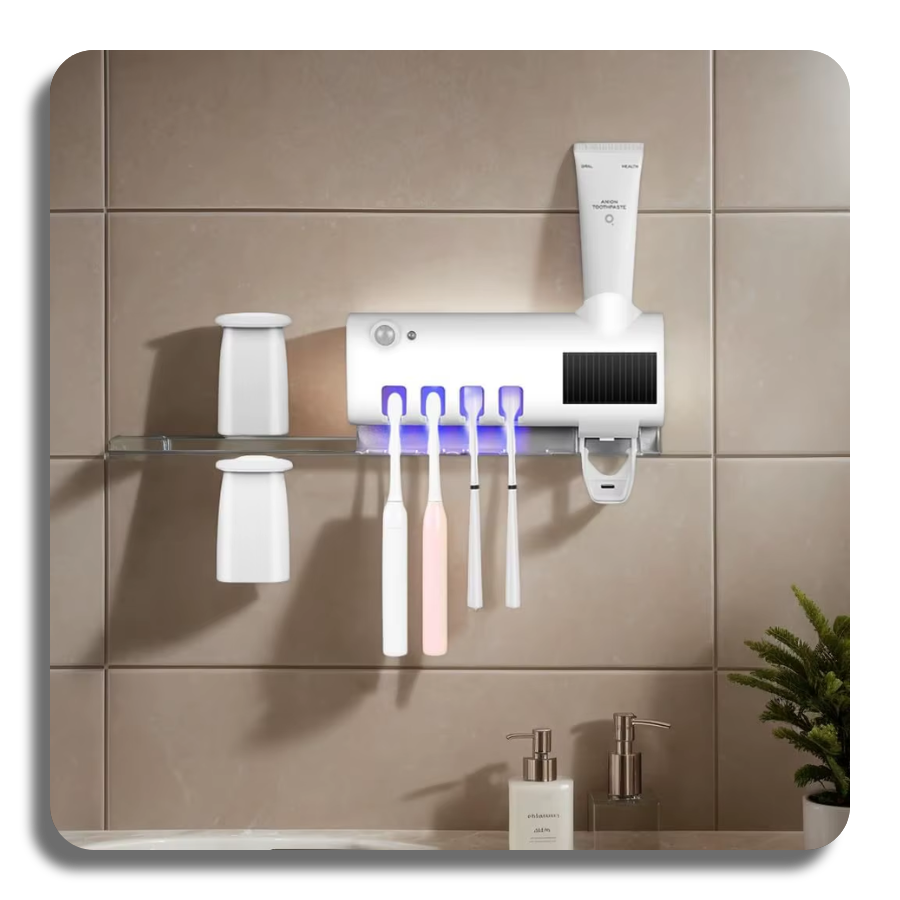 ✔️UV Sanitizer✔️ Self-adhesive Wall Mounted Toothpaste Dispenser with 4 Toothbrush Slots