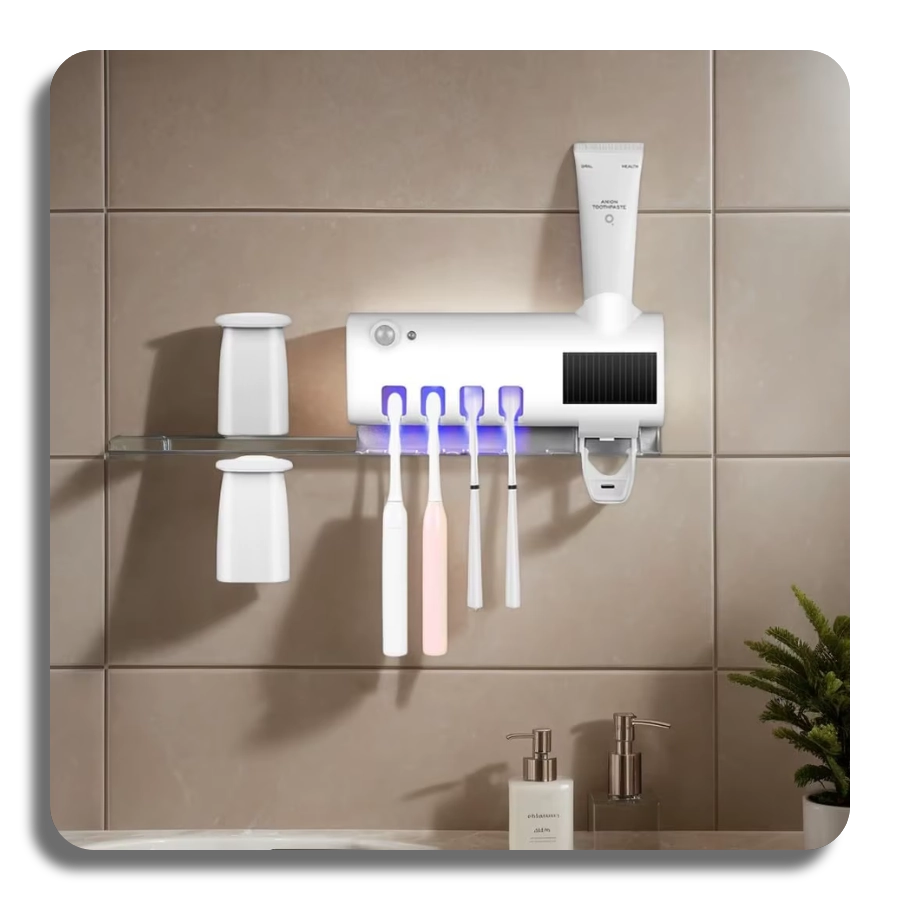 ✔️UV Sanitizer✔️ Self-adhesive Wall Mounted Toothpaste Dispenser with 4 Toothbrush Slots