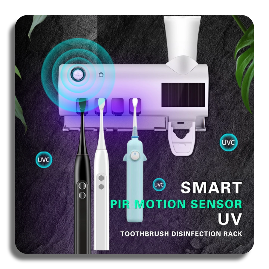 ✔️UV Sanitizer✔️ Self-adhesive Wall Mounted Toothpaste Dispenser with 4 Toothbrush Slots