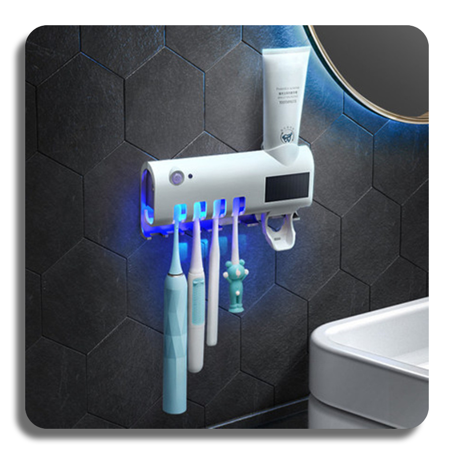 ✔️UV Sanitizer✔️ Self-adhesive Wall Mounted Toothpaste Dispenser with 4 Toothbrush Slots