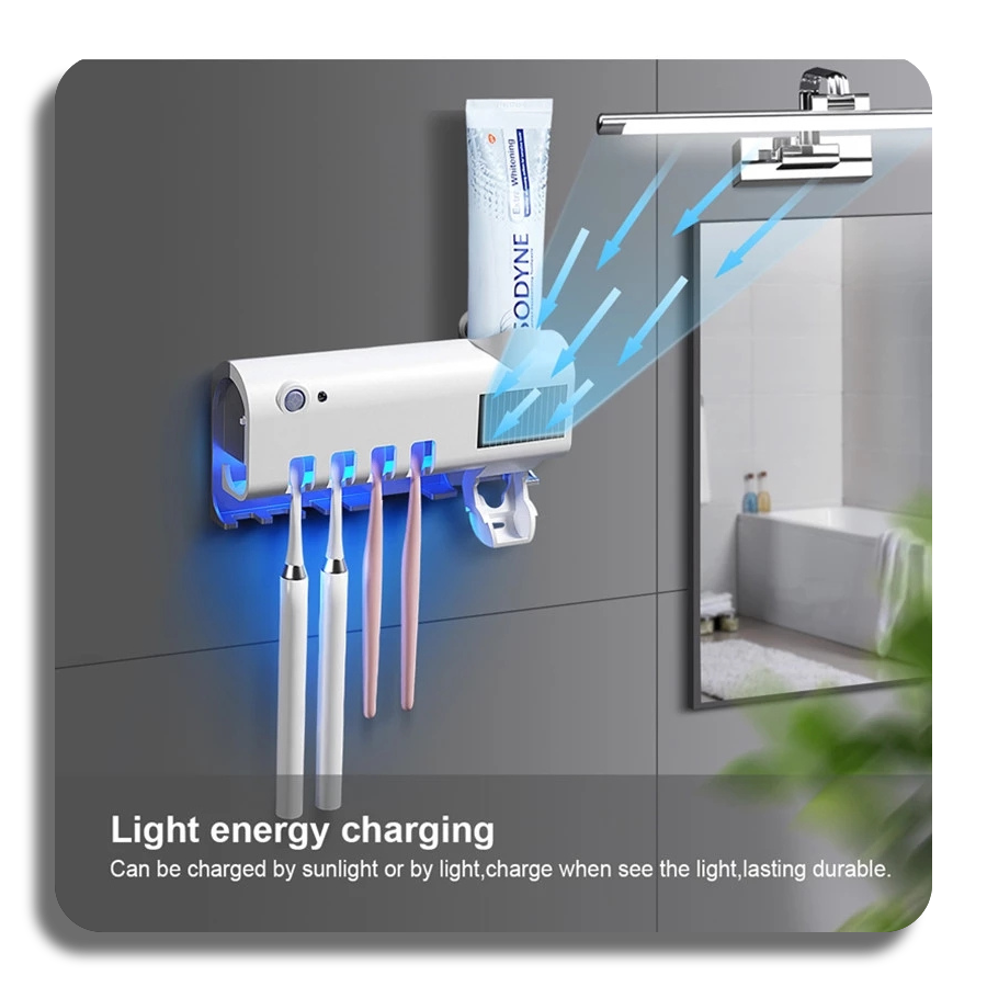 ✔️UV Sanitizer✔️ Self-adhesive Wall Mounted Toothpaste Dispenser with 4 Toothbrush Slots