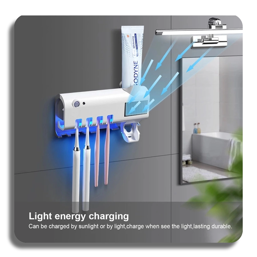 ✔️UV Sanitizer✔️ Self-adhesive Wall Mounted Toothpaste Dispenser with 4 Toothbrush Slots
