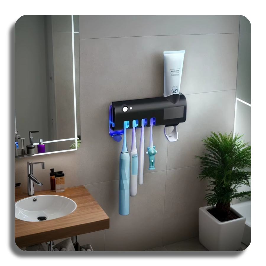 ✔️UV Sanitizer✔️ Self-adhesive Wall Mounted Toothpaste Dispenser with 4 Toothbrush Slots