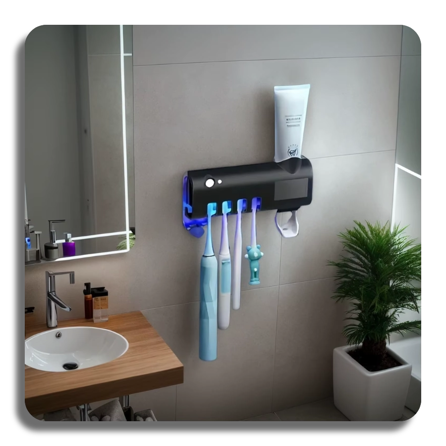 ✔️UV Sanitizer✔️ Self-adhesive Wall Mounted Toothpaste Dispenser with 4 Toothbrush Slots