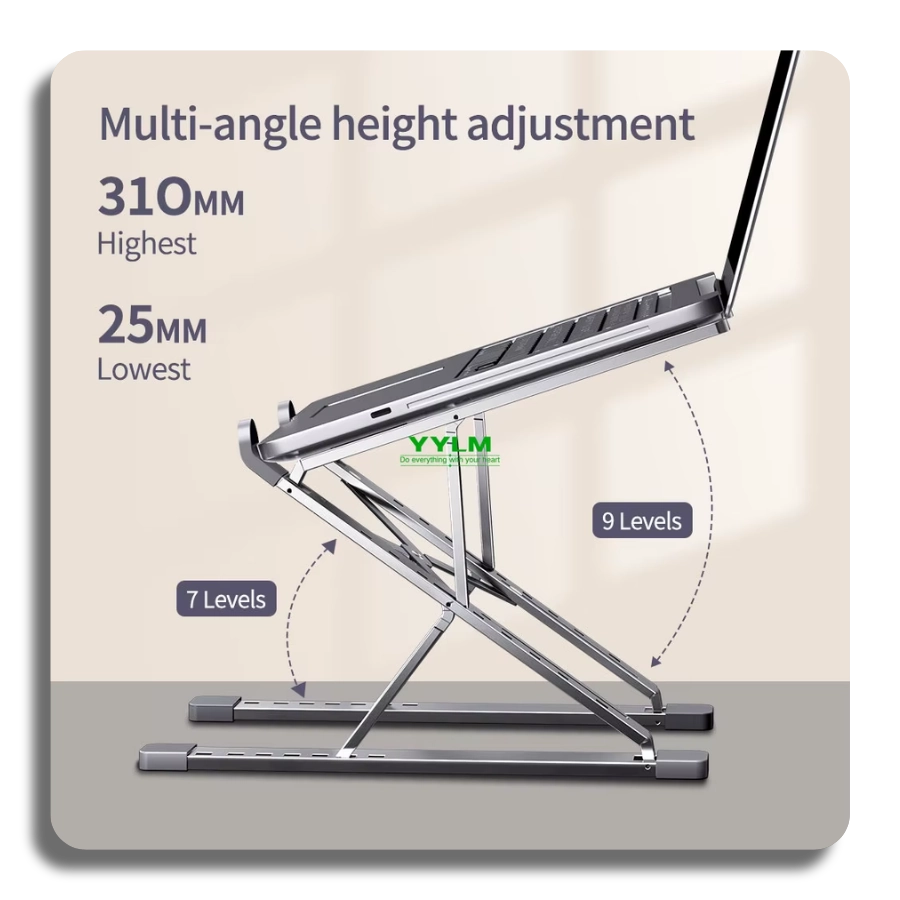Technical infographic of a laptop stand showing 9 levels of height adjustment from 25mm up to 310mm for ergonomic viewing.