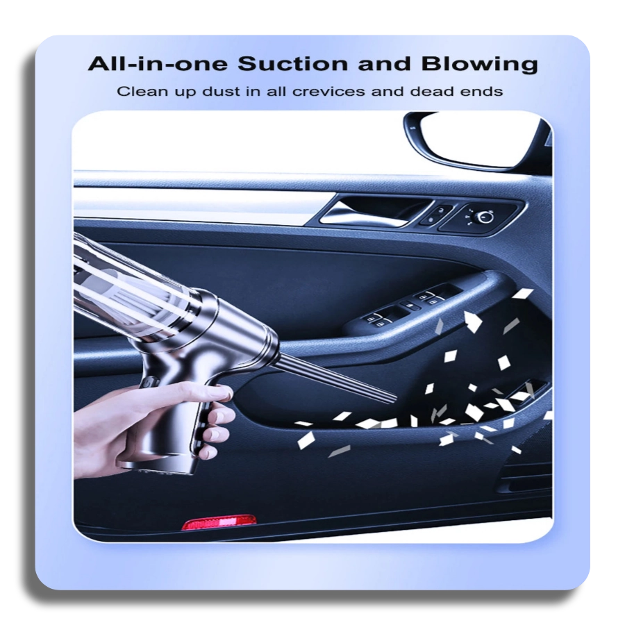 Demonstration of the 2-in-1 car vacuum cleaner performing deep suction and blowing to clean dust from car door crevices and hard-to-reach dead ends.