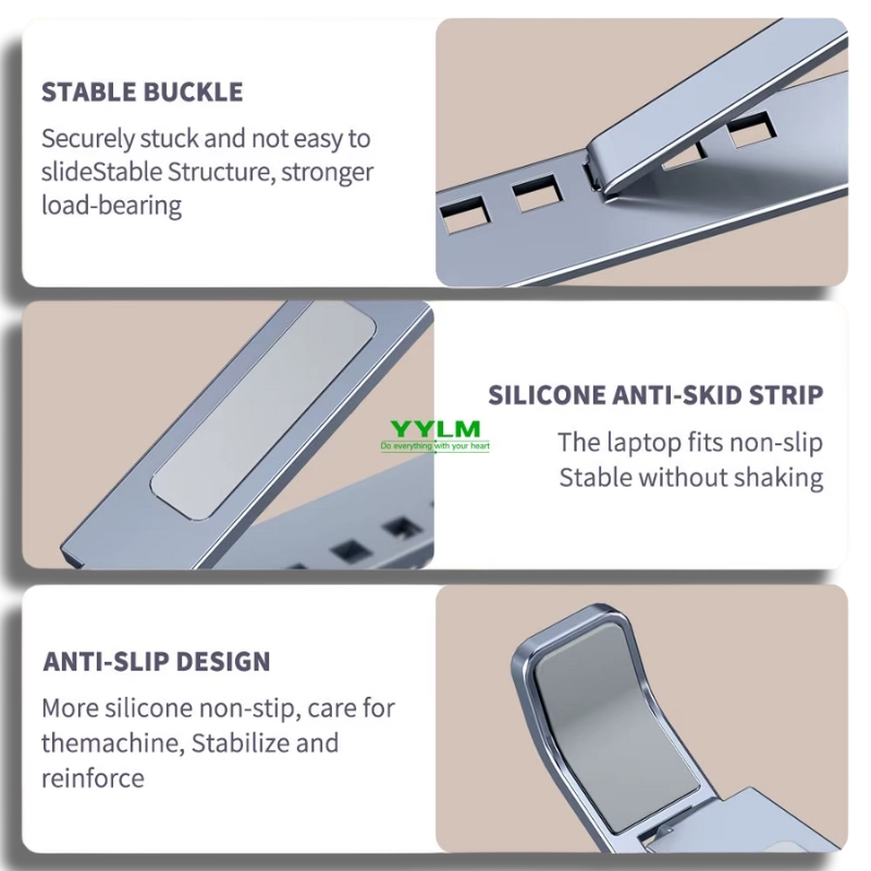 Close-up details of stable buckle design and anti-skid silicone strips that protect the laptop and ensure a secure fit.