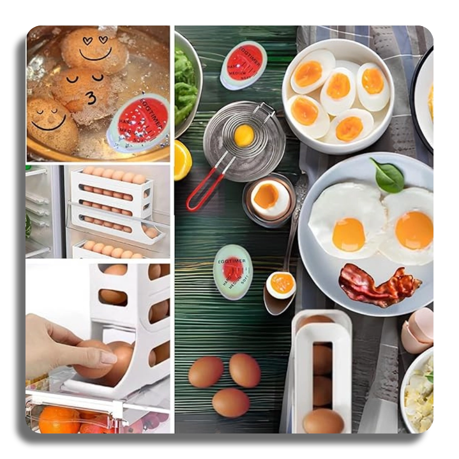 A collage showing the automatic egg dispenser in use, featuring perfectly boiled eggs, fried eggs, and a kitchen organization setup for easy meal prep.