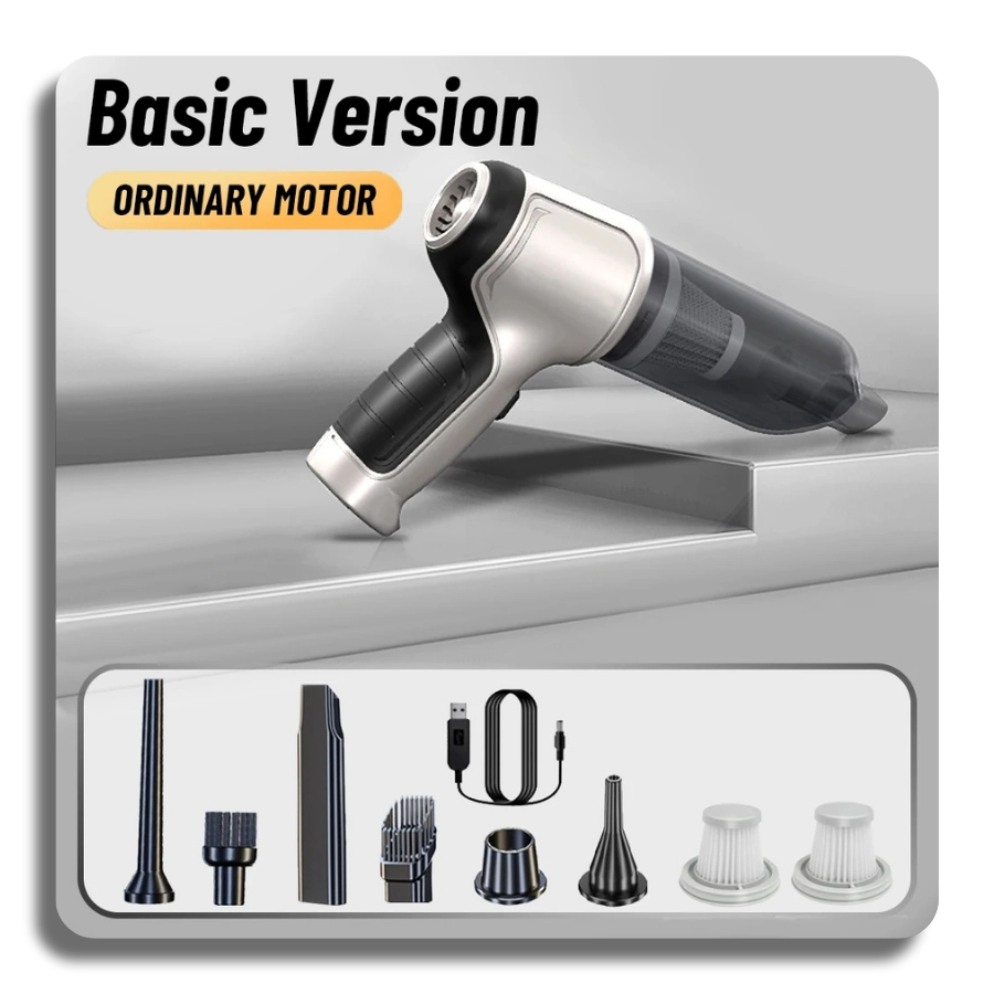 Basic version of the portable cordless car vacuum cleaner with ordinary motor, including a full set of nozzles, brushes, filters, and a USB charging cable.