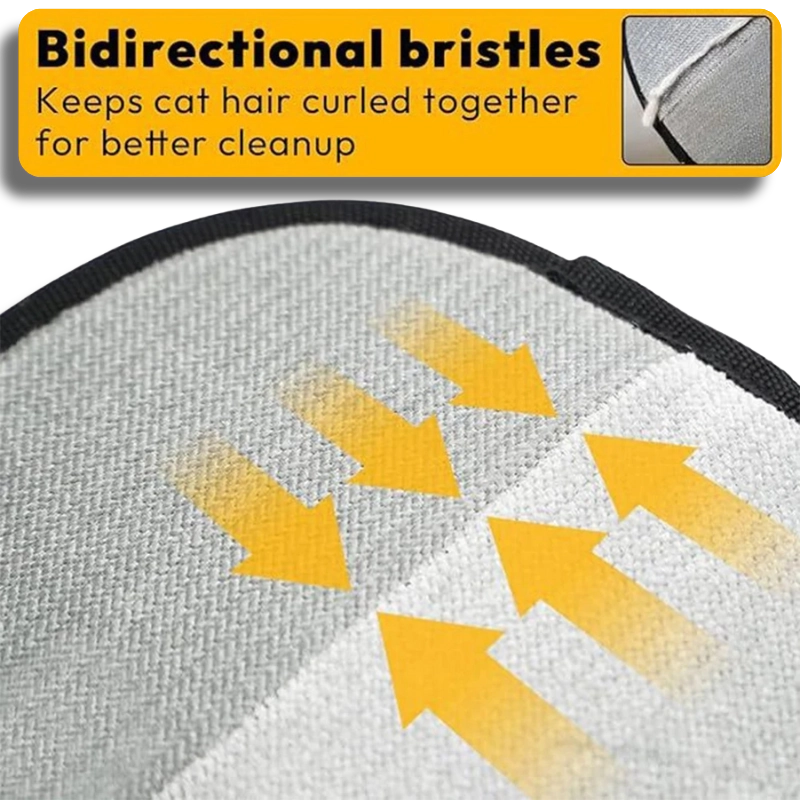 Infographic showing the bidirectional bristles technology on a pet hair remover glove, explaining how it traps and curls cat and dog hair from fabrics efficiently.