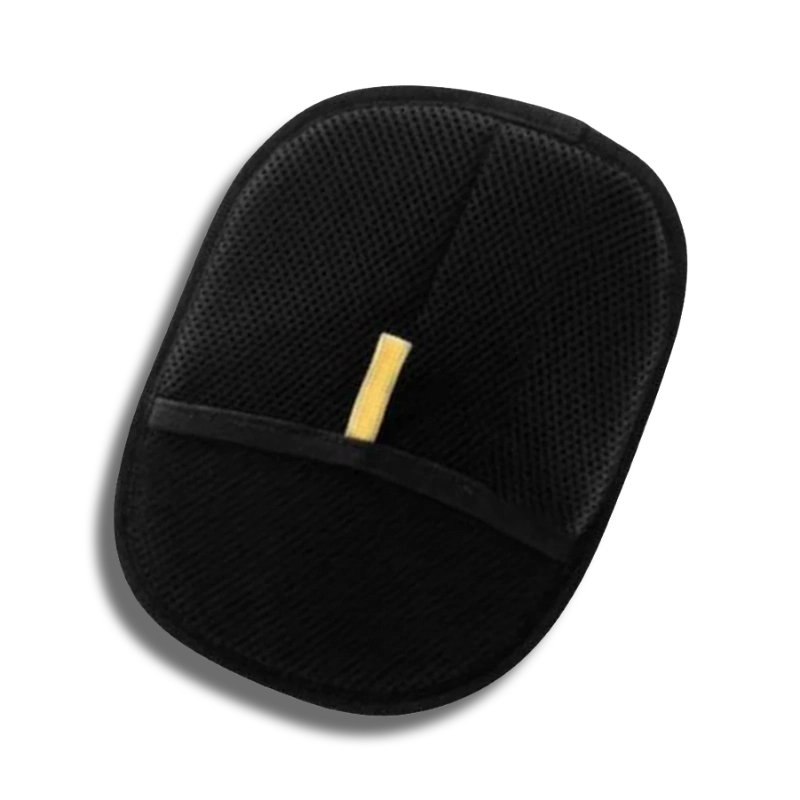 Dual-sided pet grooming mitt showing both the black mesh breathable side and the grey hair-capture surface, with a preview of trapped fur results.