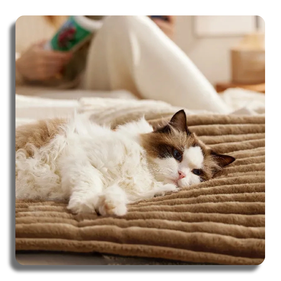 Close-up of a Ragdoll cat sleeping on a brown plush self-warming mat, highlighting the soft corduroy texture.