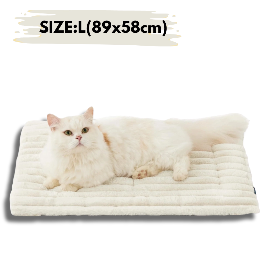 Large white thermal pet bed mat 35x23in (89x58cm) plush and cozy self-warming pad for dogs.