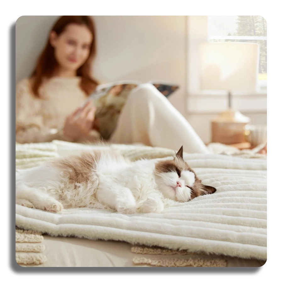 A fluffy white Ragdoll cat sleeping peacefully on a premium white self-warming pet mat on a bed, with a woman relaxing in the background, showcasing cozy home comfort.