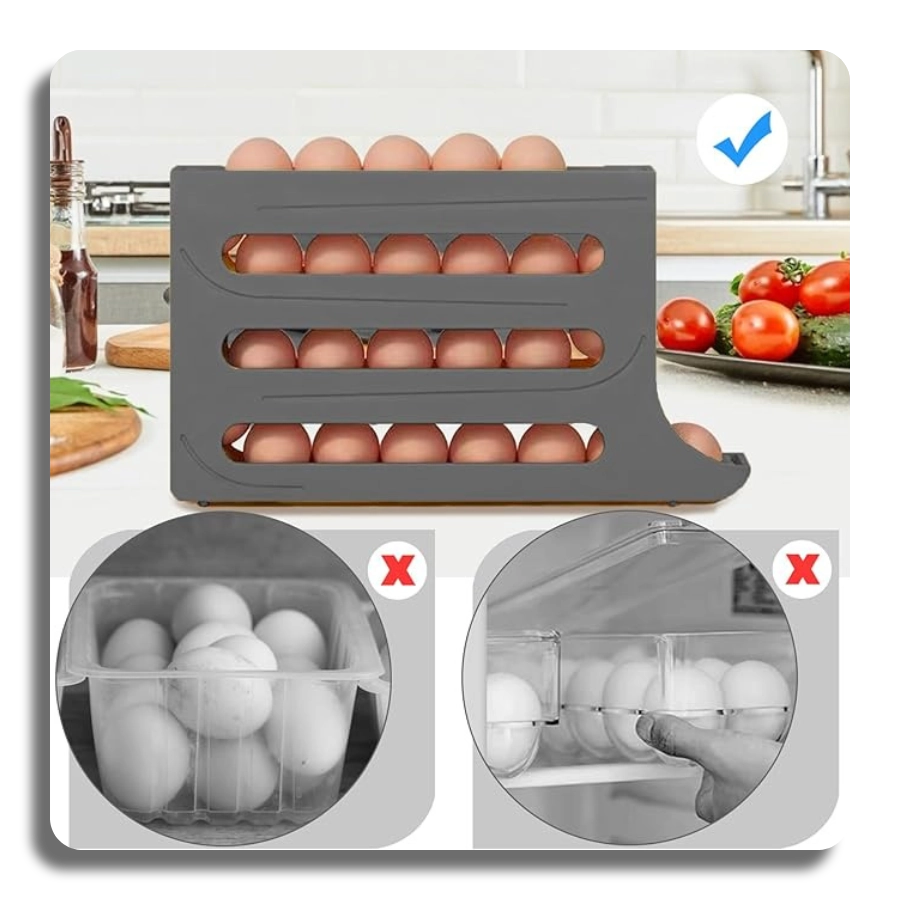 Comparison image showing the sleek rolling egg distributor vs. messy traditional plastic cartons, highlighting better fridge organization.
