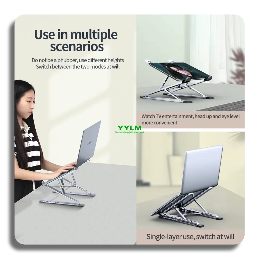 A user demonstrating the laptop stand in multiple scenarios, showing improved sitting posture and eye-level screen height.