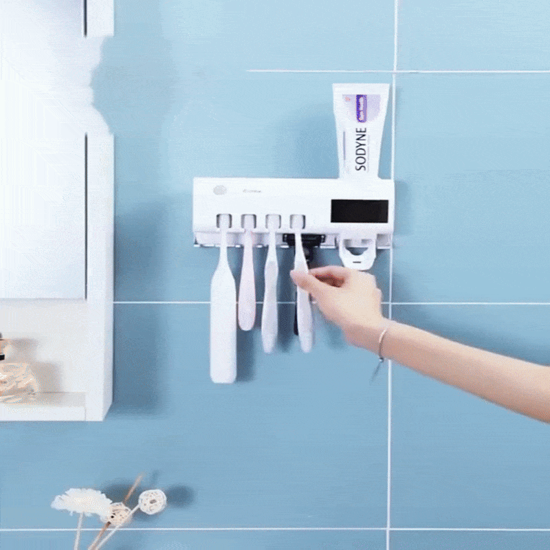 ✔️UV Sanitizer✔️ Self-adhesive Wall Mounted Toothpaste Dispenser with 4 Toothbrush Slots