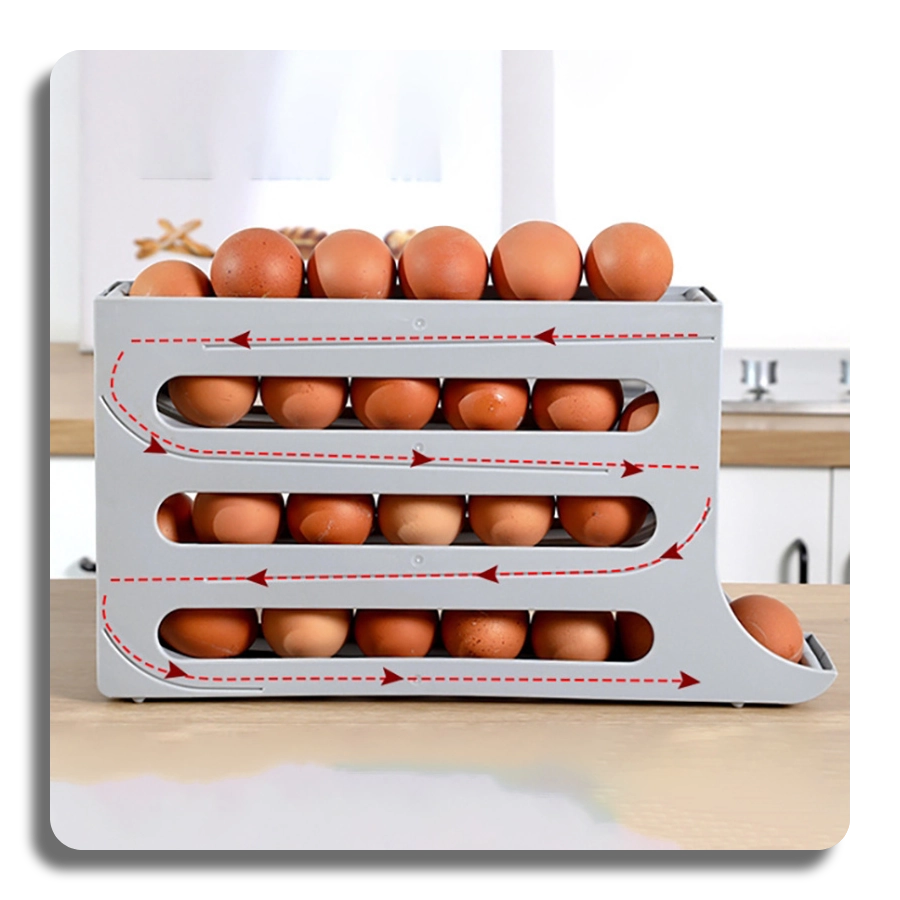 Infographic of a 4-tier egg rack with red arrows showing the automatic gravity-fed rolling path for 30 eggs.