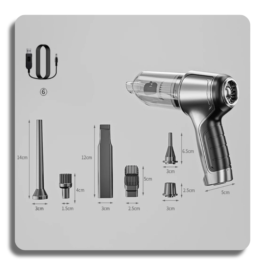  Technical diagram showing exact dimensions of the 6 vacuum attachments: 14cm long nozzle, 12cm crevice tool, and various brush heads with measurements in cm.