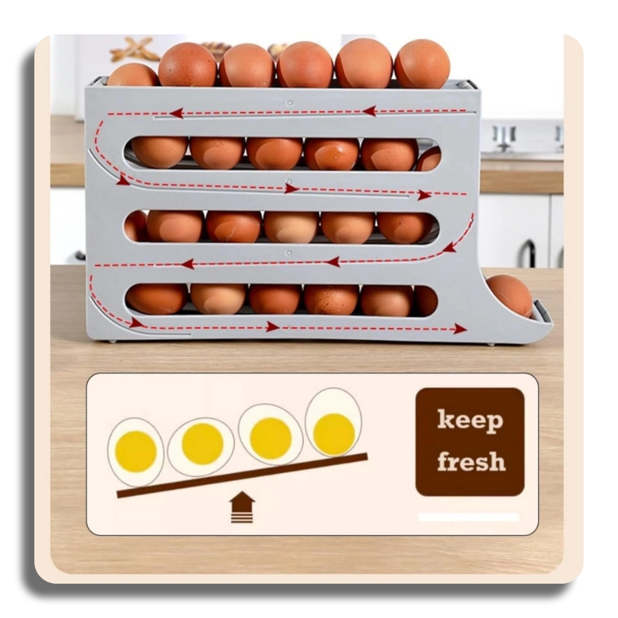Visual guide showing how the automatic egg rolling rack ensures freshness by rotating eggs in a first-in-first-out system.