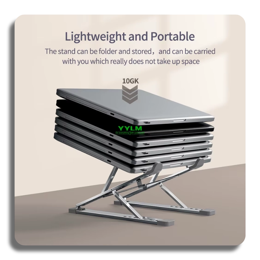 Lightweight aluminum laptop stand demonstrating a 10kg load capacity by holding multiple laptops without wobbling.