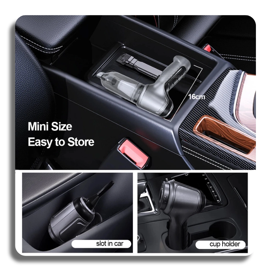 GREAT DEALS™ | 95000Pa Ultra-Powerful Wireless Vacuum in a car's console, highlighting mini size and easy storage.