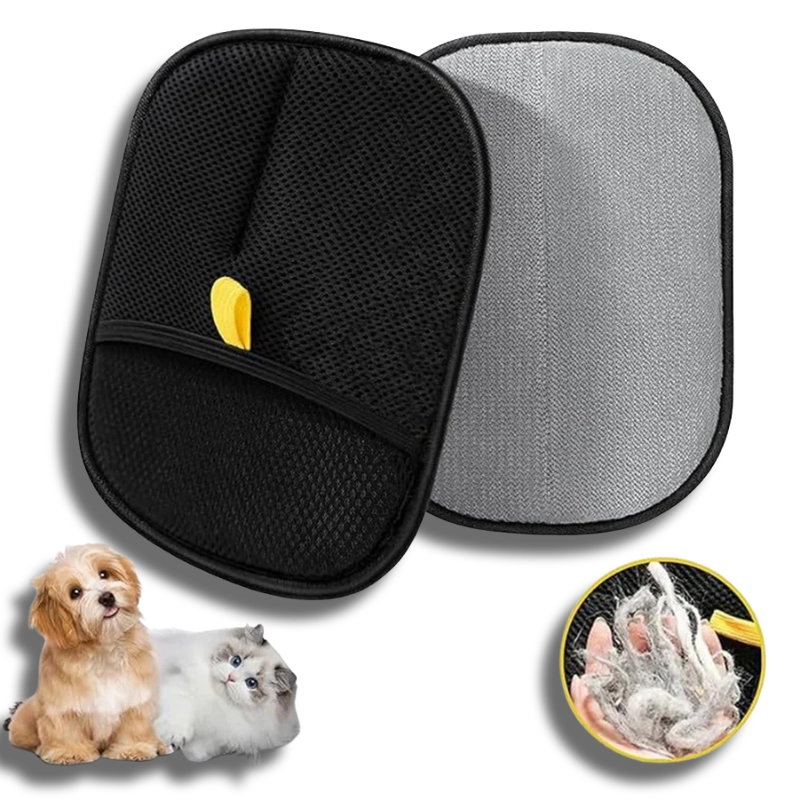 Dual-sided pet grooming glove for dogs and cats, featuring a breathable mesh side and a deshedding surface that effectively traps loose fur, as shown in the results circle.
