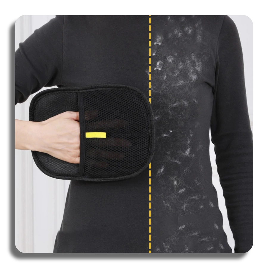 Split screen comparison of a black shirt covered in pet hair vs. a clean shirt after using the bidirectional grooming glove.