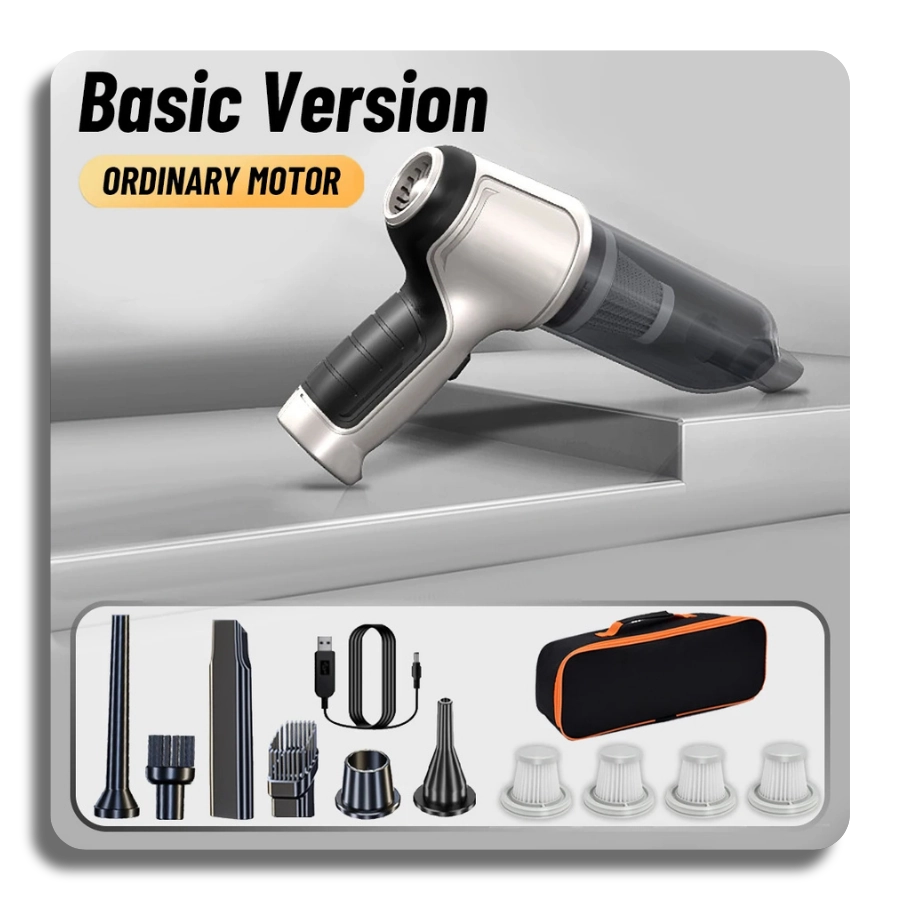 Complete basic kit for the wireless car vacuum cleaner, including the device, 4 washable filters, various cleaning nozzles, a charging cable, and a protective carrying case.