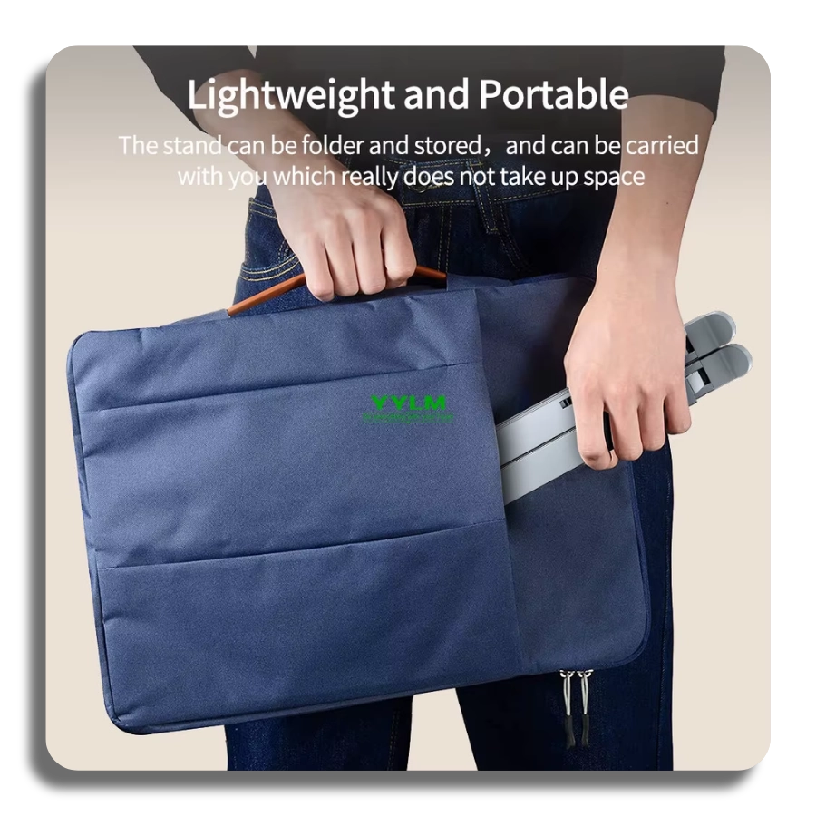 Portable and foldable aluminum laptop stand being placed into a laptop bag, highlighting its space-saving design.