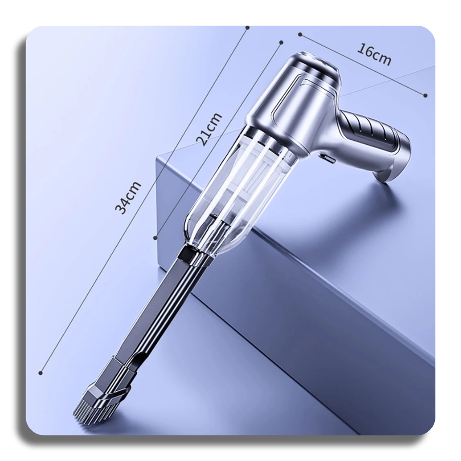  Technical drawing showing the dimensions of the handheld vacuum: 16cm handle, 21cm body, and 34cm total length with the long nozzle attachment.