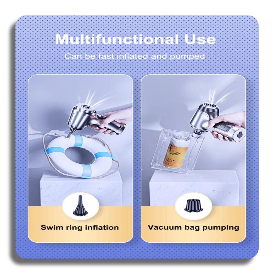  Dual-use handheld device performing swim ring inflation and vacuum bag air pumping for space-saving storage.