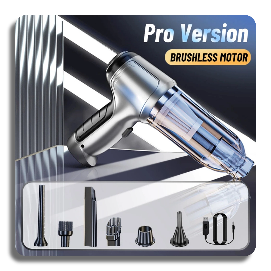 Pro version of the wireless car vacuum cleaner featuring a high-performance brushless motor, silver metallic design, and a complete set of cleaning nozzles and charging cable.