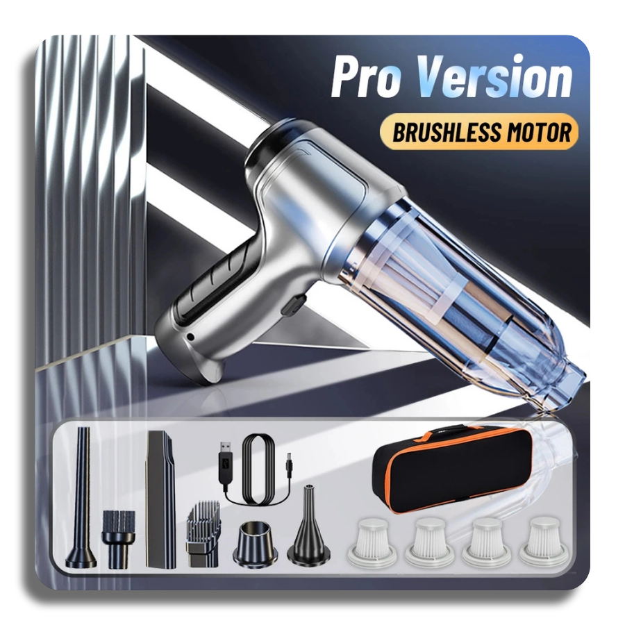 Pro Version handheld vacuum cleaner with brushless motor technology, featuring a complete accessory kit with 6 nozzles, 4 HEPA filters, USB charging cable, and a premium black storage bag.