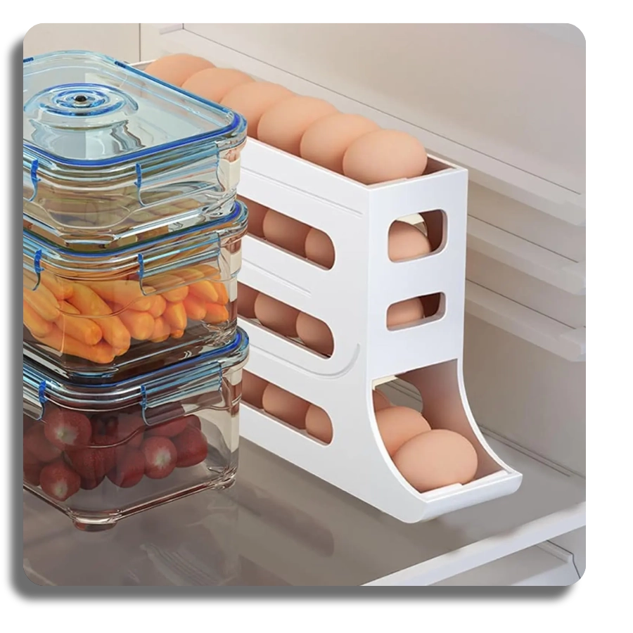 Automatic rolling egg organizer shelf inside a clean refrigerator next to glass food containers, maximizing narrow shelf space.