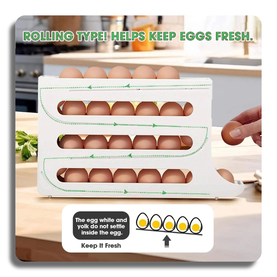 Educational infographic showing how the rolling motion of the egg rack keeps eggs fresh by preventing yolks from settling, featuring a 4-tier gravity-fed design.