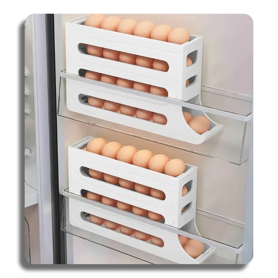 Two white rolling egg racks perfectly fitted into a refrigerator door, demonstrating an efficient 60-egg storage solution for small spaces.