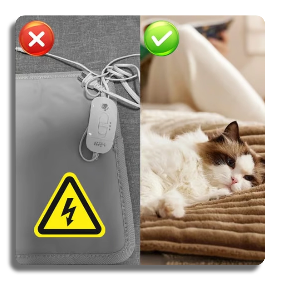 Safety comparison showing dangerous electric heating wires with an X mark vs our safe non-electric self-warming mat with a check mark.
