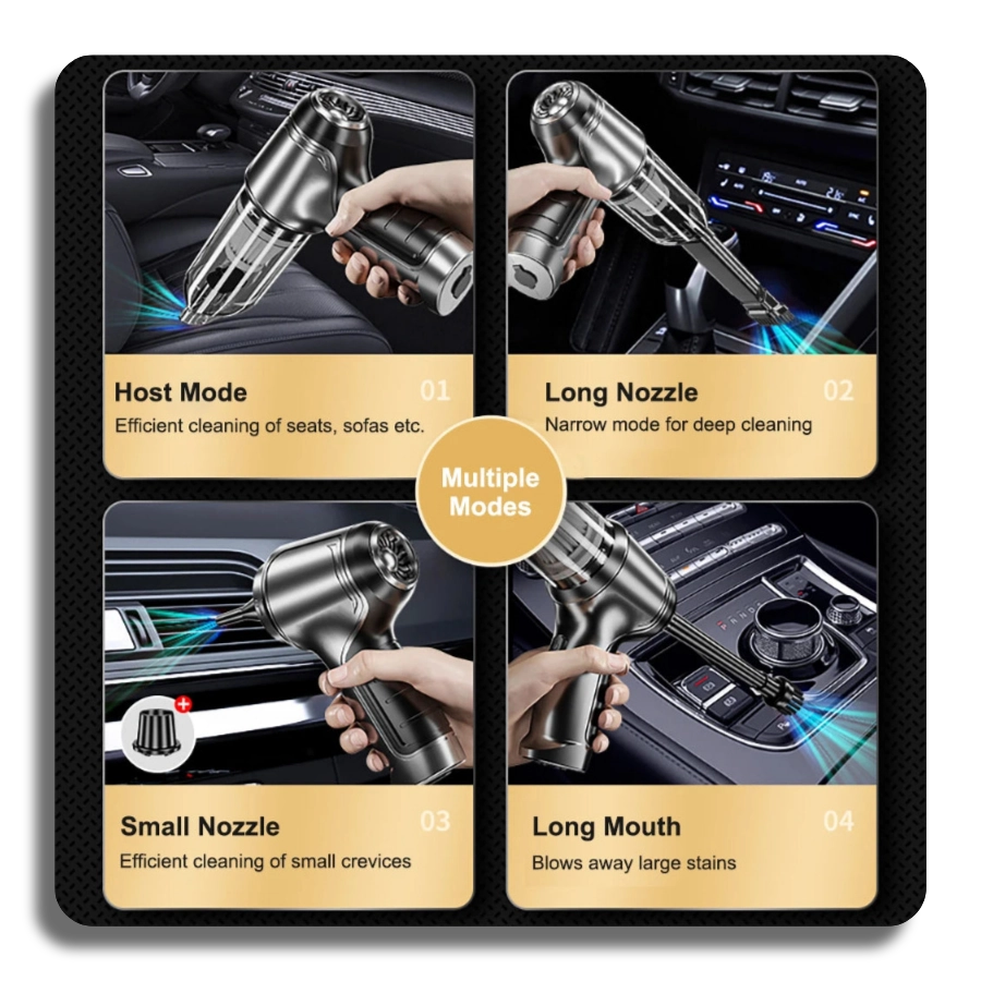 Four cleaning modes including host mode for seats, long nozzle for narrow gaps, and small nozzle for crevices.